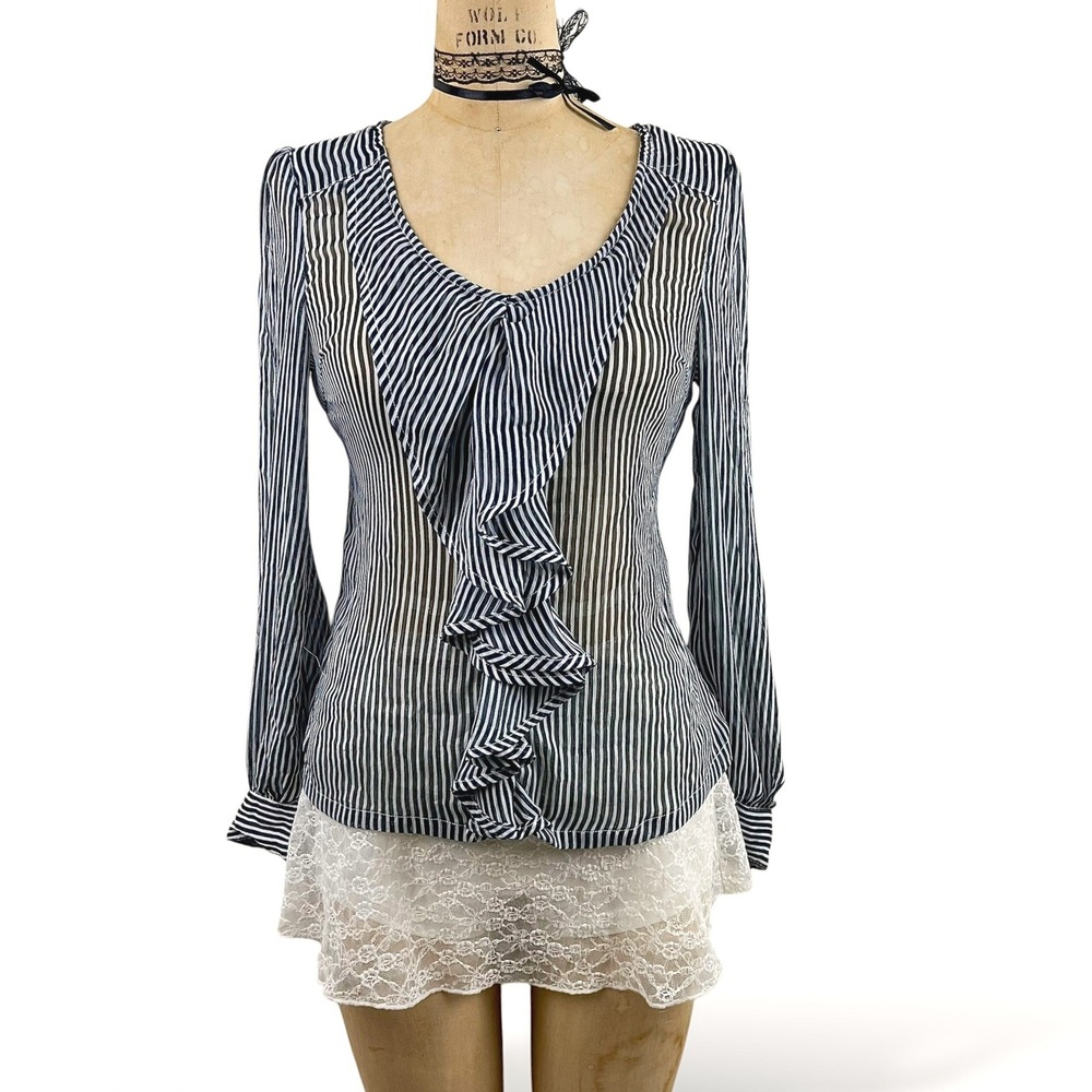 Professional Striped Blouse Ruffle Front Semi Sheer Women S Coquette Classic